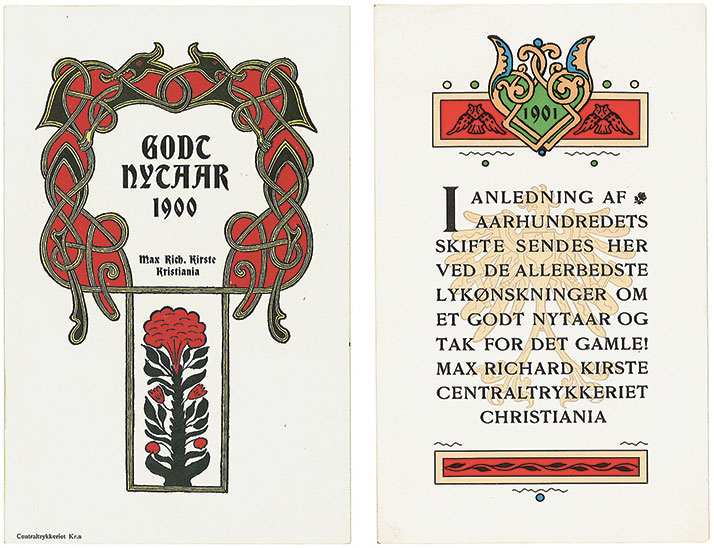 Nyttårskort 1900 og 1901 signert Max Rich. Kirste. Klisjeer trolig tegnet av Lorentz Kleiser.