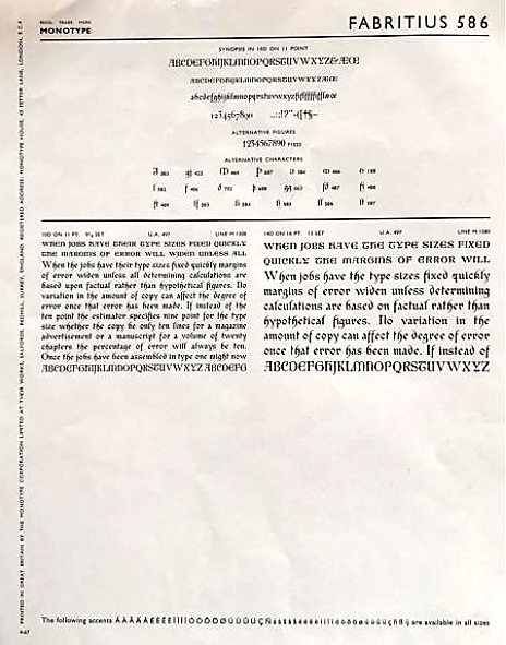 Prøve av Fabritius 586, utarbeidet av Monotype Corporation.