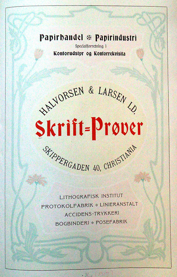 Tittelsiden til Halvorsen & Larsens skriftprøve 1903