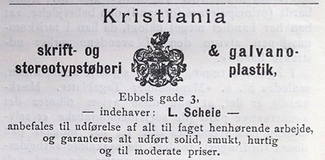 Annonse for Kristiania skrift- og stereotypstøberi & galvanoplastik 1891.