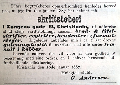 Annonse for G. Andresens skriftstøperi.