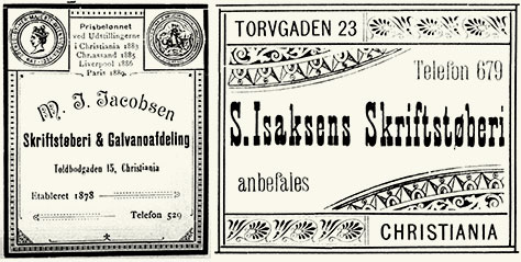 Annonser for M. J. Jacobsens og S. Isaksens skriftstøperier, 1893.