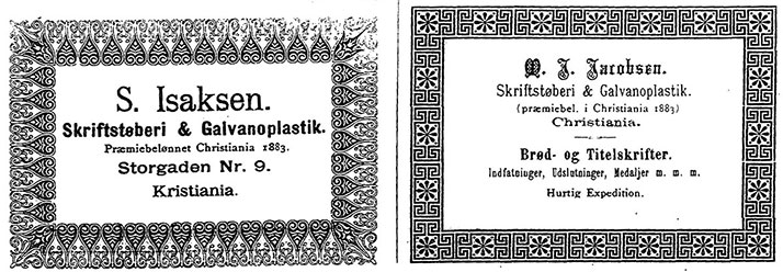 Annonser for S. Isaksen og M. J. Jacobsens skriftstøperier 1884.