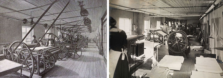 Trykkerisalen i Det Steenske Bogtrykkeri 1879 sammenlignet med 1910