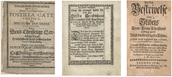 Tre eksempler på norsk barokktypografi.
