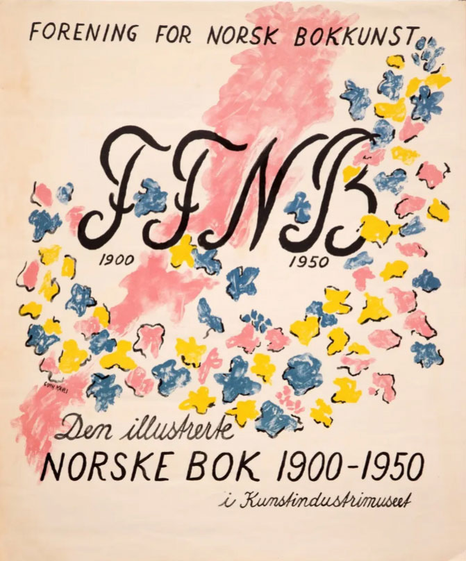 Plakat for utstillingen ved Bokkunstforeningens jubileumsutstilling 1950.