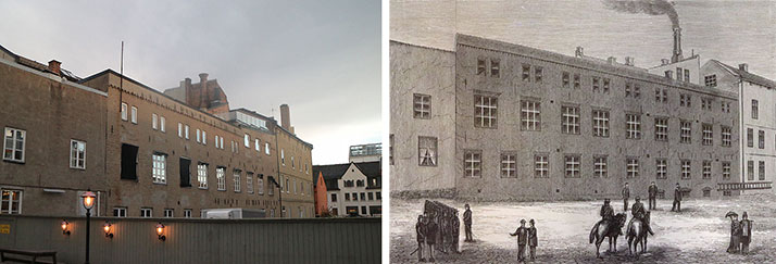Bakbygningen i 2017 sammenlignet med 1879